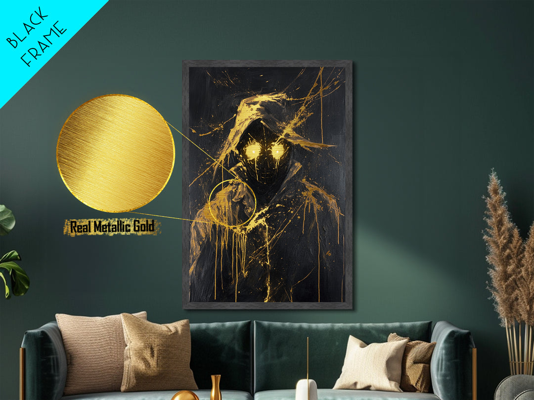 Glowing-Eyed Phantom Metallic Gold Art, Spooky Season Metal Art of Hooded Specter, Creepy Gothic Wall Decor with Real Wood Frame