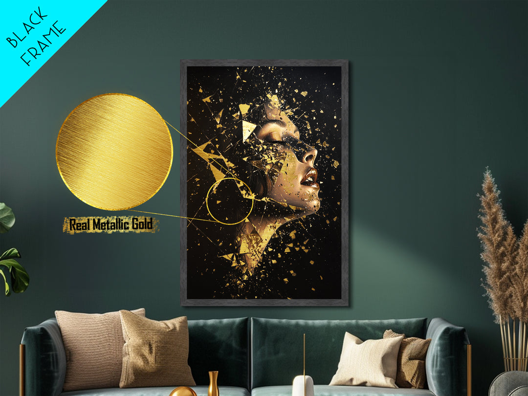 Shattered Face Metallic Gold Art, Horror-Inspired Spooky Season Metal Art, Gothic Halloween Wall Decor with Real Wood Frame