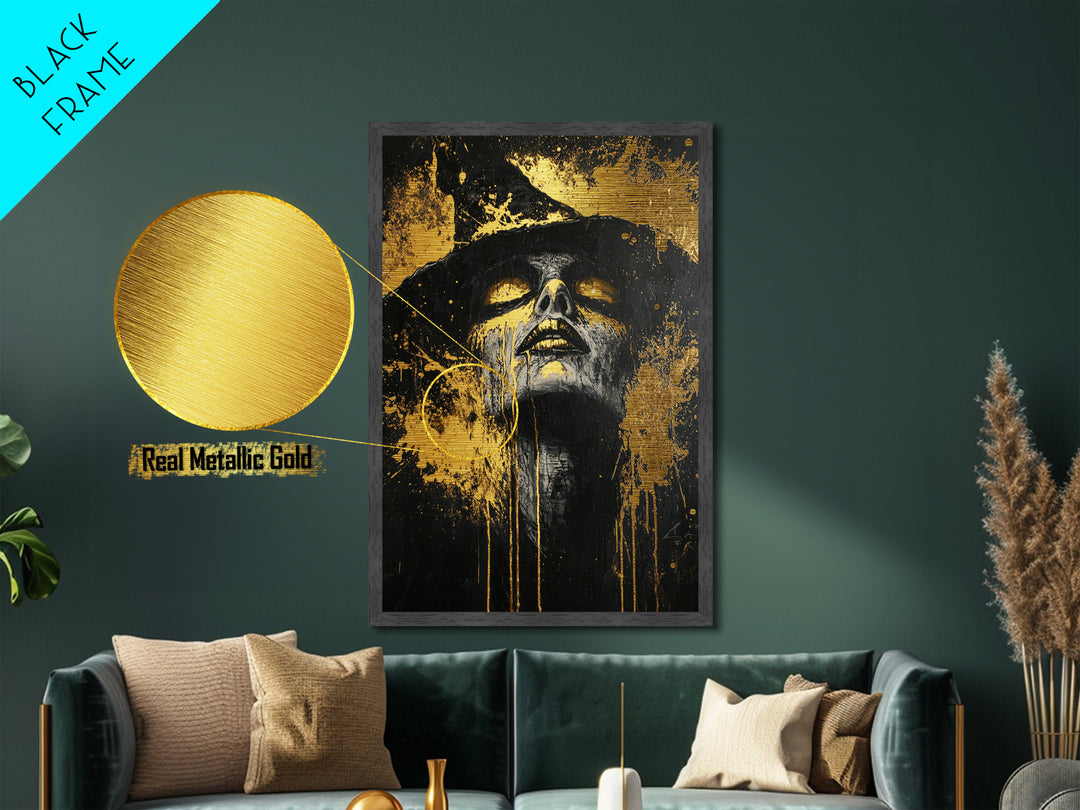 Witchy Gothic Metallic Gold Art Metal Art with Real Wood Frame, Spooky Halloween Wall Decor, Haunted Witch Portrait Print