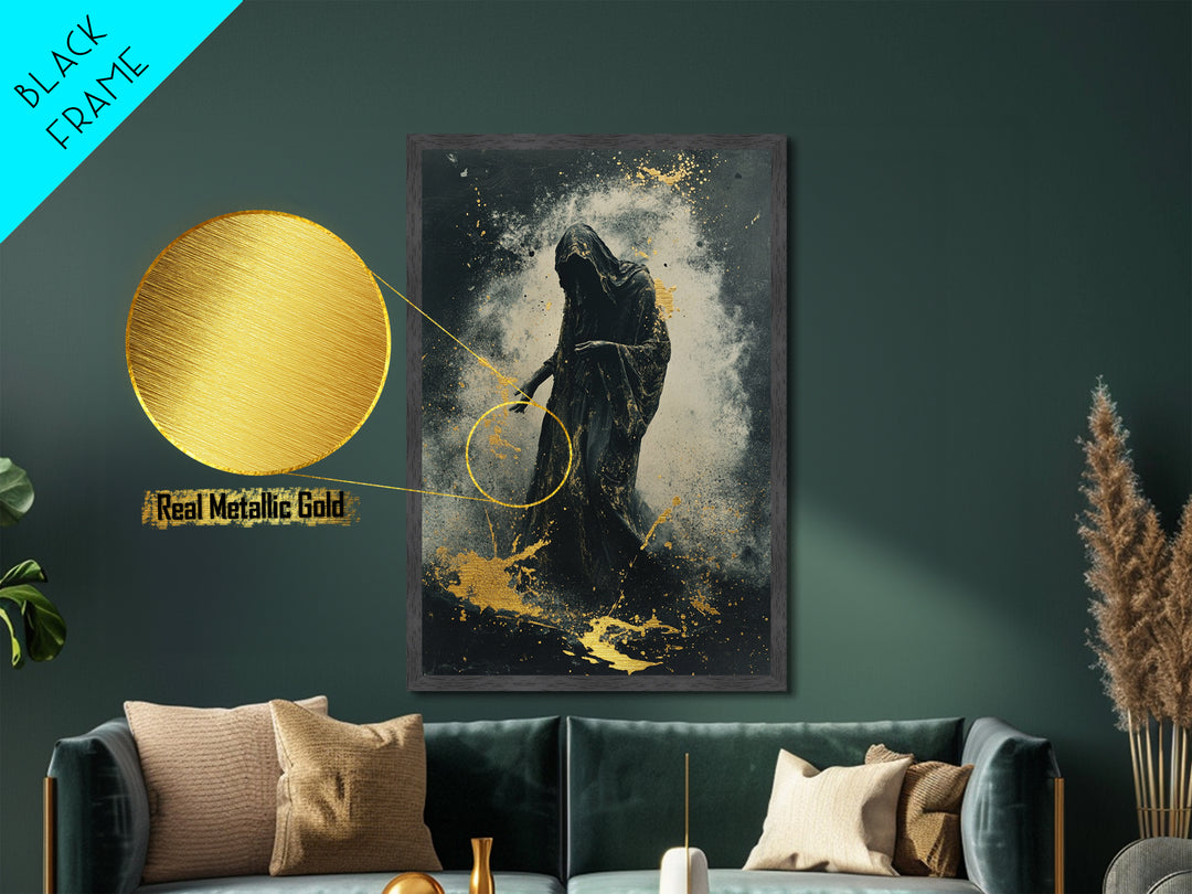 Haunting Reaper Metallic Gold Art Metal Art in Natural Wood Frame, Spooky Halloween Gothic Wall Art, Creepy Dark Spirit Decor