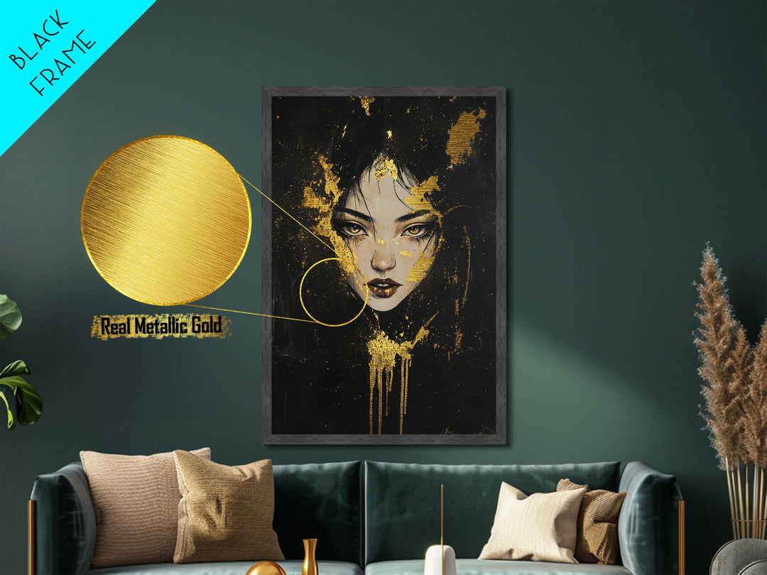 Eerie Witch Portrait Metallic Gold Art Metal Art, Spooky Halloween Wall Hanging with Real Wood Frame, Gothic Haunted Home Decor