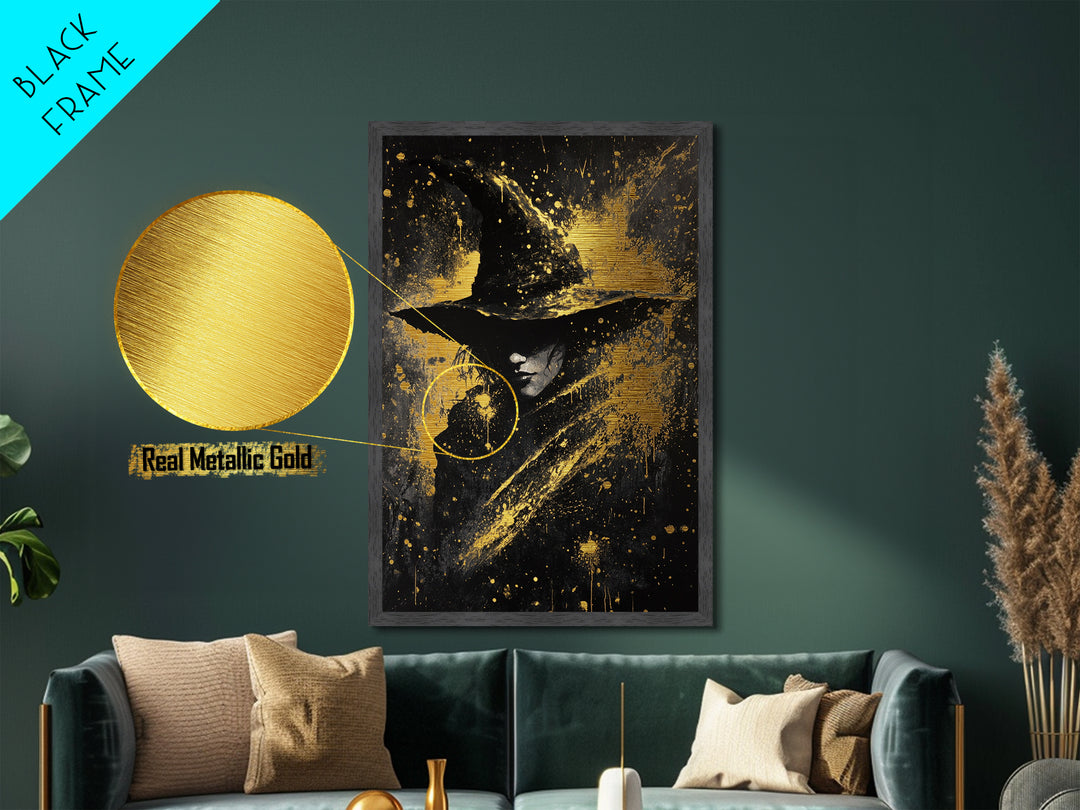 Mystical Witch Metallic Gold Art Metal Art, Framed in Natural Wood, Spooky Halloween Gothic Wall Decor, Haunted Witchcraft Artwork