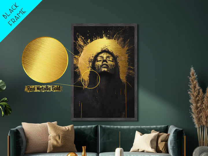 Golden Halo Witch Metallic Gold Art Metal Art with Real Wood Frame, Spooky Halloween Gothic Wall Hanging, Haunted Dark Portrait