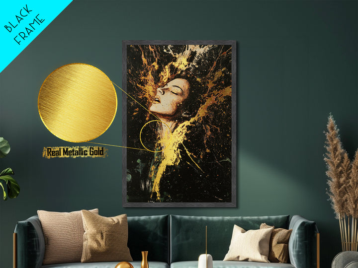 Fiery Witch Metallic Gold Art Metal Art with Real Wood Frame, Spooky Season Haunted Portrait, Creepy Gothic Halloween Wall Hanging