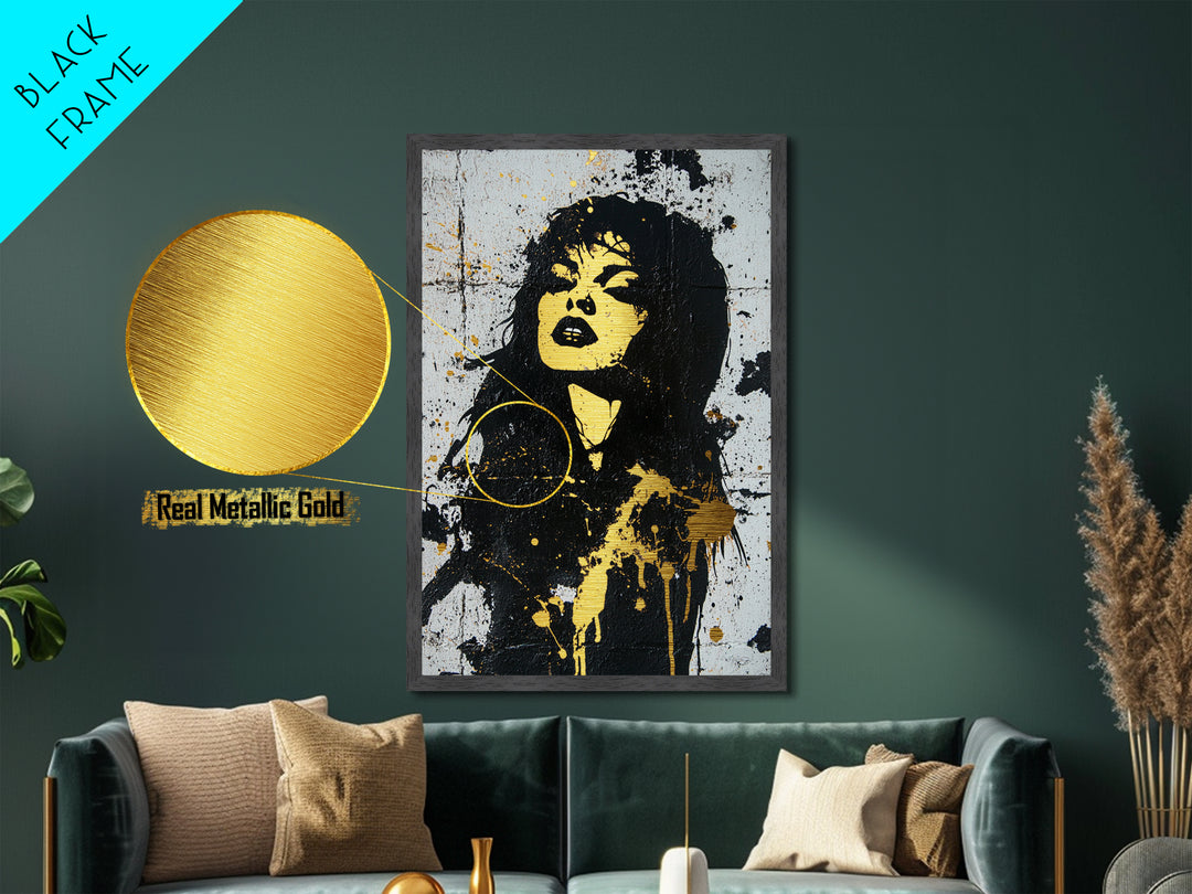 Gothic Female Vampire Portrait Metallic Gold Art | Dark Horror Metal Art Halloween Decor | Real Wood Frame Handcrafted Finish