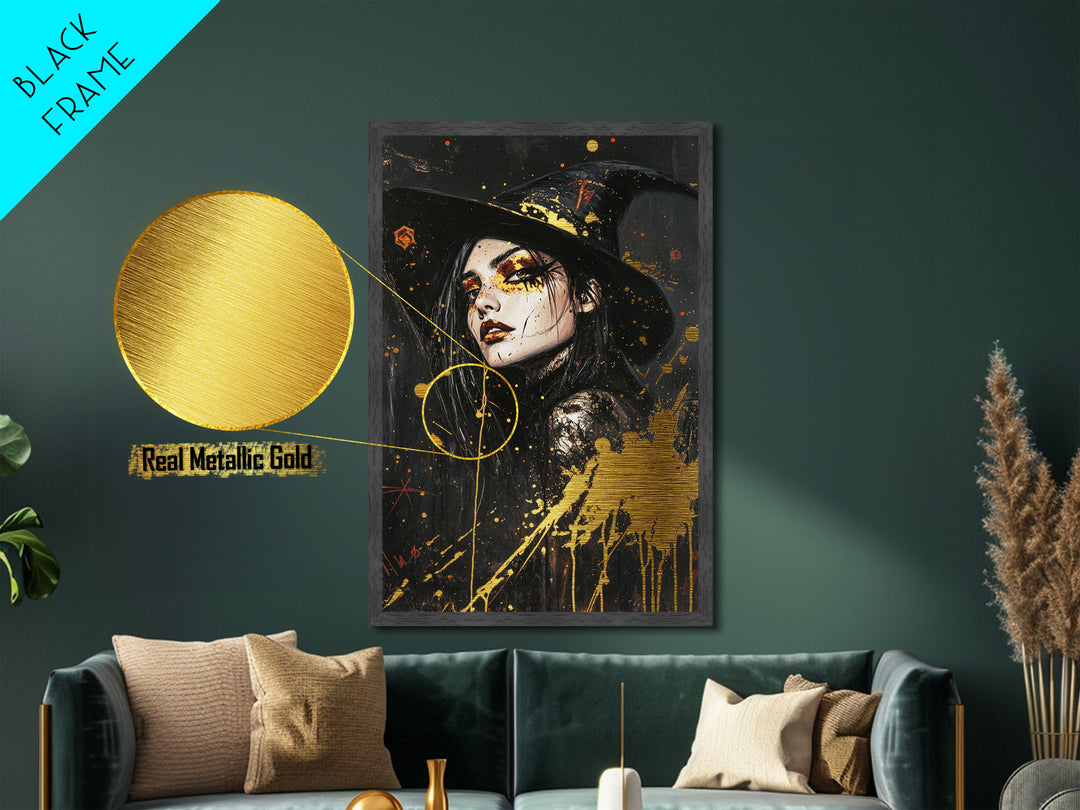 Witch Hat Glam Metallic Gold Art | Gothic Halloween Metal Art Witchy Portrait | Spooky Season Wall Decor With Real Wood Frame