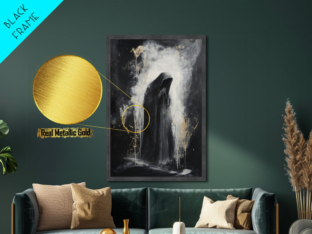 Dark Grim Reaper Metallic Gold Art | Haunted Horror Metal Art Spooky Season Wall Decor | Framed With Natural Real Wood