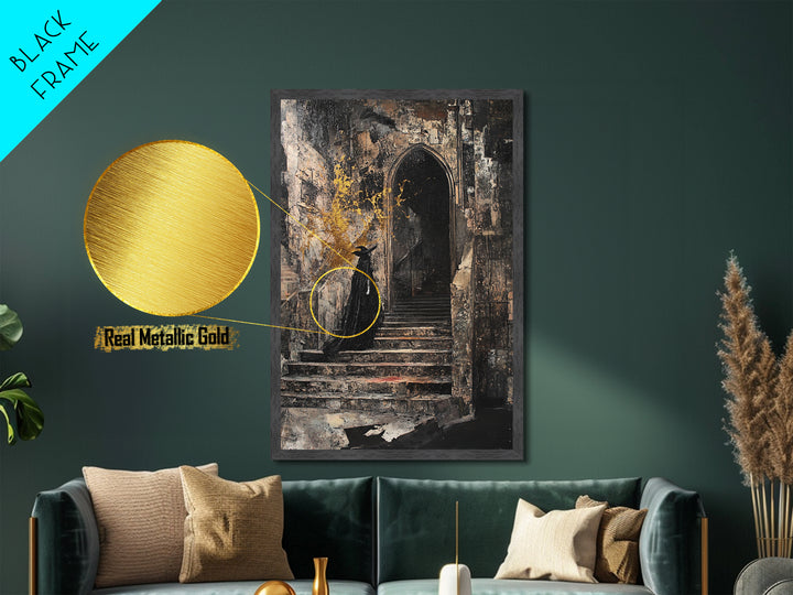 Gothic Castle Staircase Witch Metallic Gold Art | Haunted Horror Metal Art Halloween Wall Decor | Framed Real Wood Accent