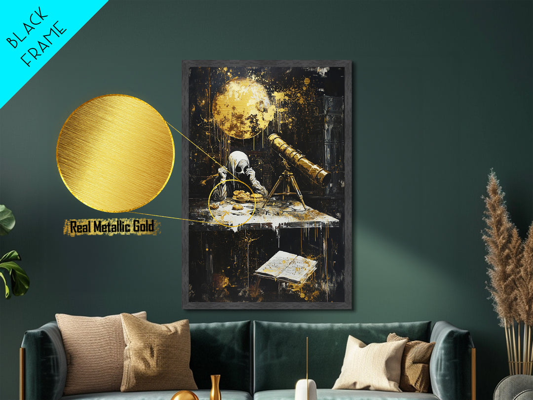 Spooky Astronomy Scene With Hooded Figure Metallic Gold Art | Creepy Metal Art Haunted Halloween Decor | Real Wood Frame Display