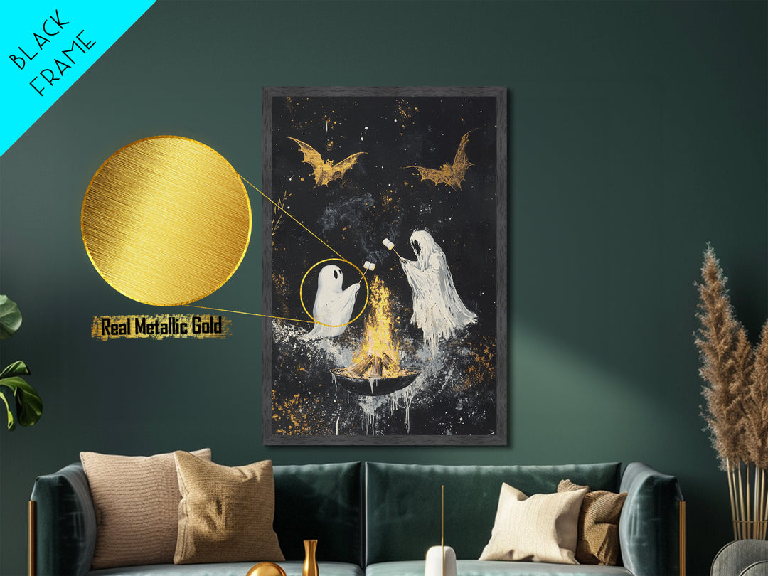 Ghosts Roasting Marshmallows Metallic Gold Art, Spooky Metal Art Halloween Wall Decor with Real Wood Frame, Haunted Firepit Scene