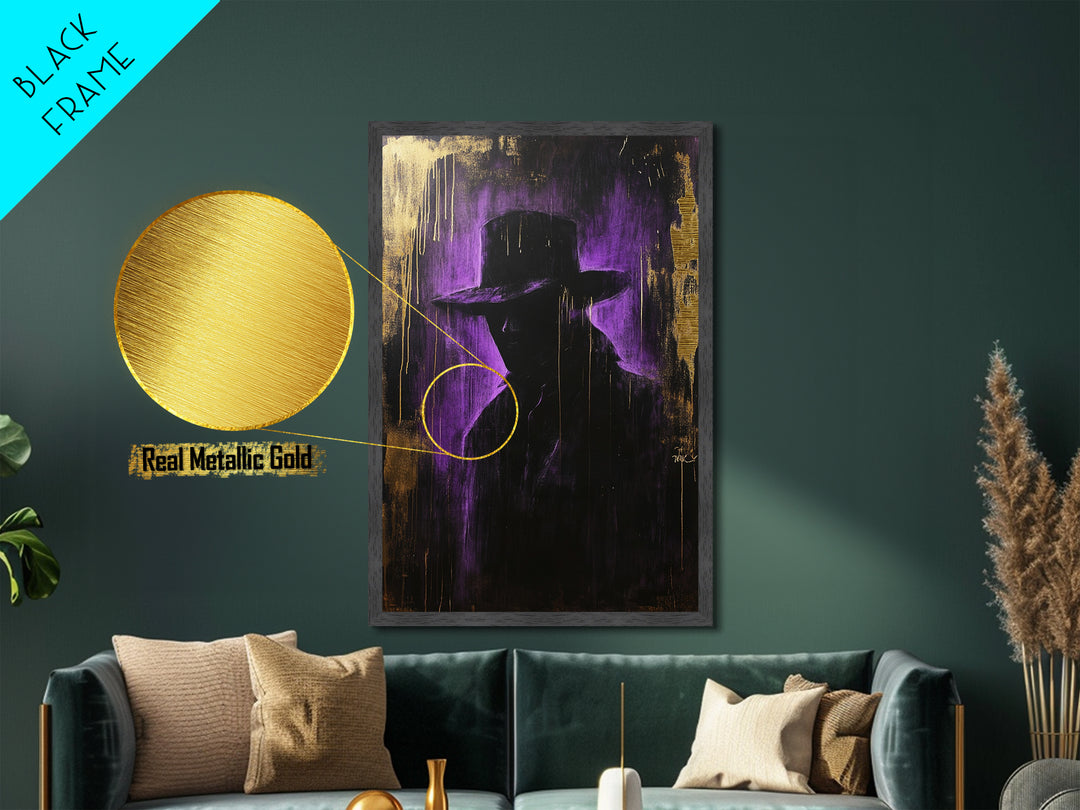 Mysterious Dark Stranger Metallic Gold Art, Gothic Metal Art Purple and Gold Halloween Shadow Silhouette Framed with Natural Wood