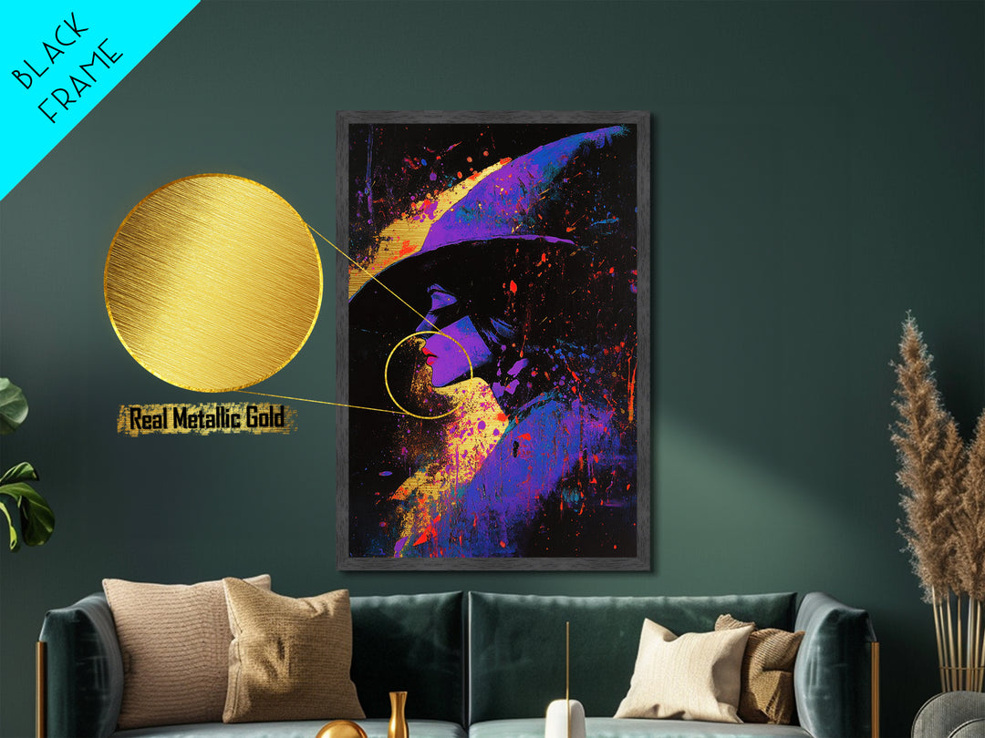 Witchy Woman Portrait Metallic Gold Art, Bold Metal Art Vibrant Purple Halloween Witch Wall Decor in Real Wood Frame Gothic Accent