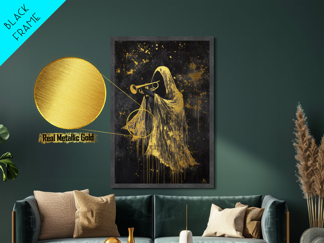 Trumpet-Playing Phantom Metallic Gold Art, Ghostly Musician Metal Art Halloween Wall Hanging in Natural Wood Frame Spooky Jazz Decor