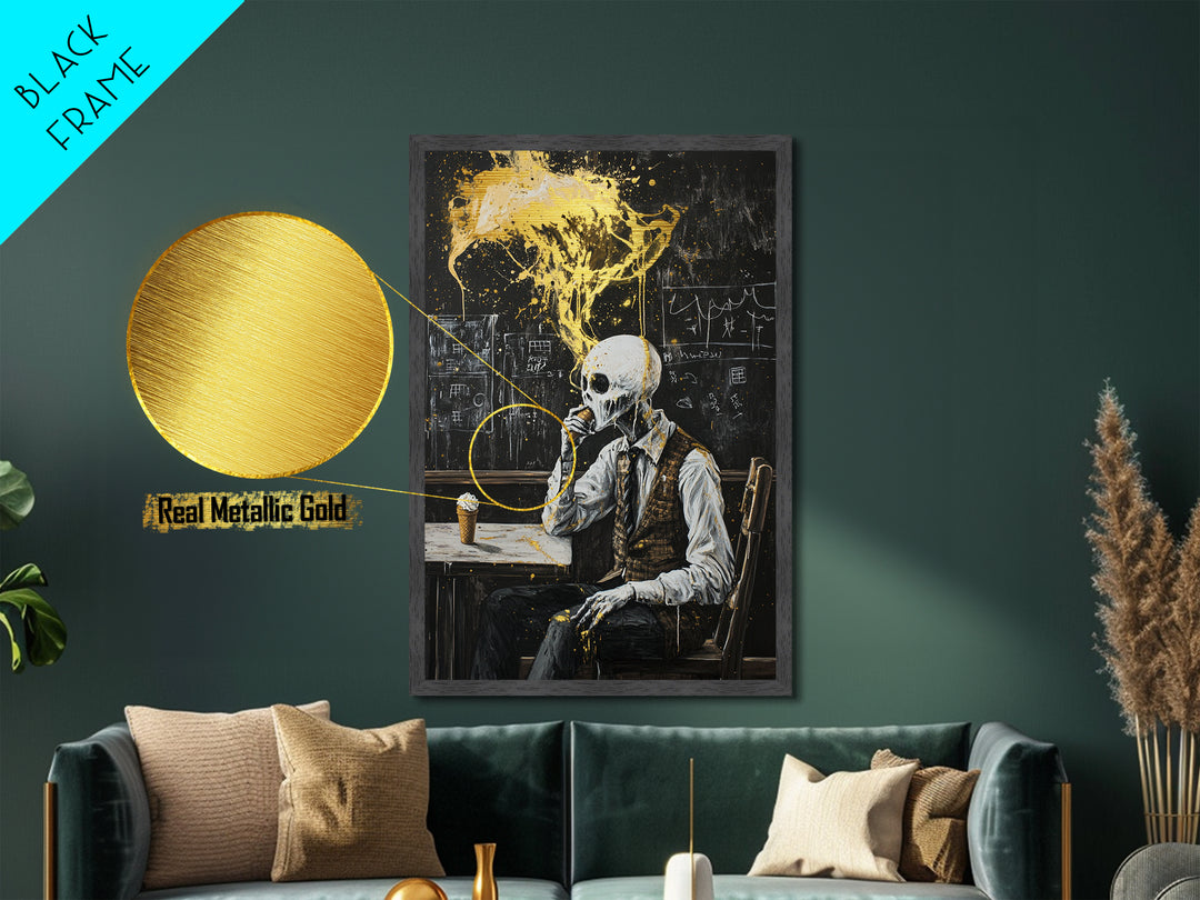 Skeleton Eating Ice Cream Metallic Gold Art, Quirky Metal Art Creepy Halloween Wall Decor Framed in Real Wood for Spooky Season
