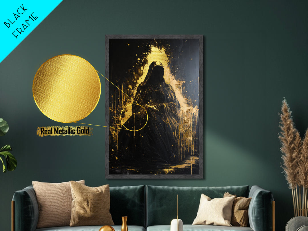 Dark Hooded Phantom Metallic Gold Art, Gothic Metal Art Haunted Shadow Figure Wall Decor in Natural Wood Frame for Halloween Atmosphere