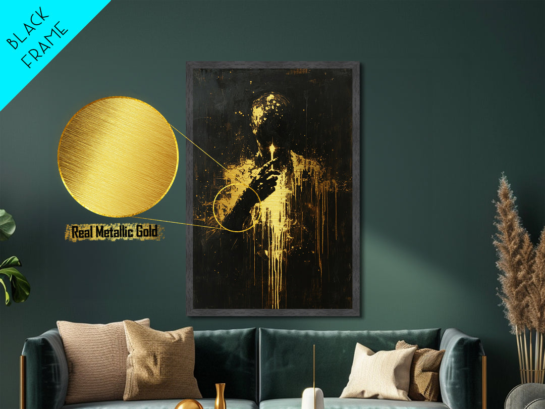 Haunted Silhouette Holding Candle – Spooky Metallic Gold Art, Gothic Horror Metal Art, Framed in Natural Real Wood