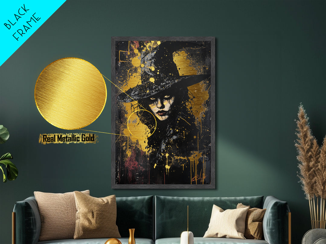 Witchy Woman Portrait with Hat – Metallic Gold Art Halloween Wall Decor, Gothic Metal Art, Dark Glam with Real Wood Frame