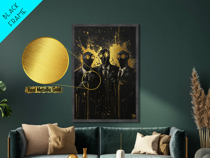 Steampunk Horror Trio – Gothic Plague Mask Characters, Metallic Gold Art, Creepy Halloween Metal Art, Natural Wood Framing