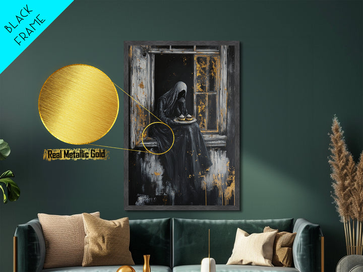 Haunting Widow in Window – Metallic Gold Art, Spooky Gothic Metal Art, Creepy Halloween Decor with Real Wood Framing