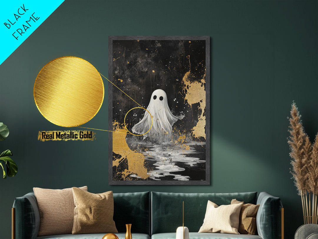 Haunted Ghost Metallic Gold Art, Spooky Season Metal Art with Natural Wood Frame, Gothic Halloween Wall Decor Accent