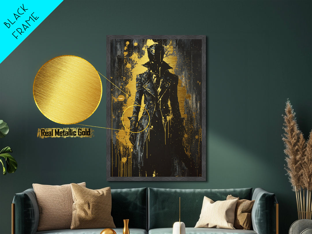 Dark Shadow Figure Metal Art, Gothic Horror Metallic Gold Art Framed in Real Wood, Creepy Haunted Halloween Wall Hanging