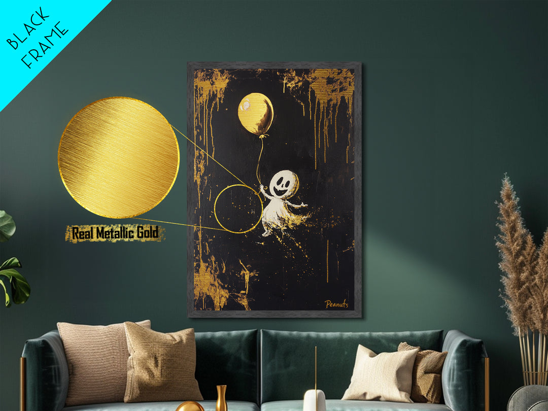 Cute Ghost Metallic Gold Art Metal Art, Spooky Halloween Wall Art with Balloon, Framed in Real Wood for Seasonal Decor