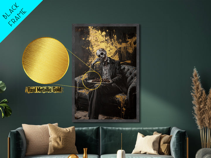 Skull Butler Metallic Gold Art, Gothic Horror Metal Art with Wooden Frame, Spooky Halloween Creepy Wall Decor Accent