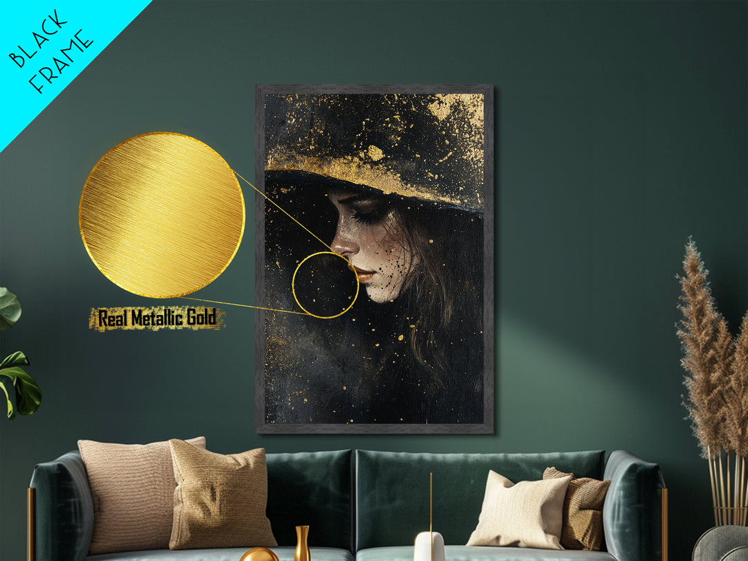 Mystical Witch Portrait Metallic Gold Art, Dark Gothic Metal Art with Framed Natural Wood, Haunted Spooky Season Wall Art