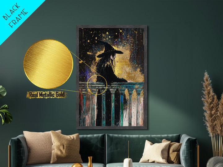 Witch on Balcony Gothic Metal Art, Spooky Metallic Gold Art with Wooden Frame, Halloween Haunted Season Wall Decor Accent