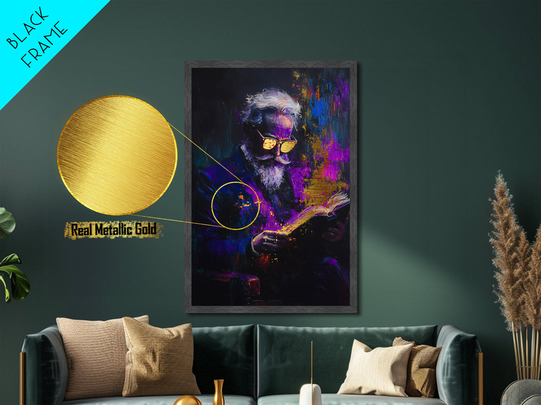 Haunted Scholar Metallic Gold Art Metal Art Gothic Halloween Painting with Real Wood Frame Spooky Reading Room Wall Decor