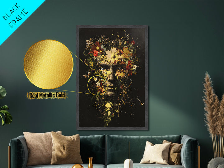 Floral Mask Metallic Gold Art Metal Art Creepy Botanical Halloween Portrait Framed in Natural Wood Spooky Season Wall Decor