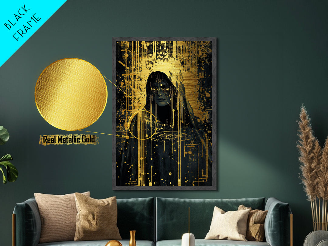Cyber Witch Metallic Gold Art Metal Art, Futuristic Gothic Halloween Portrait, Spooky Season Wall Hanging in Wood Frame