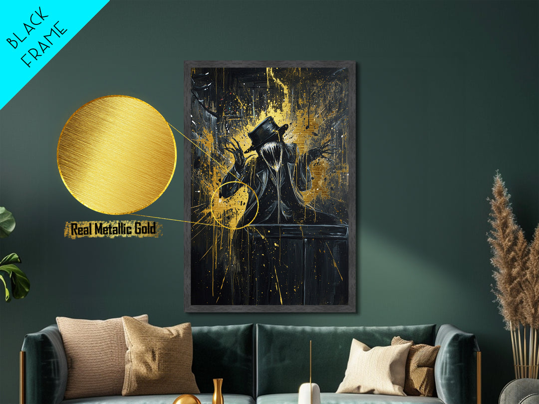 Top Hat Horror Metallic Gold Art Metal Art Gothic Creepy Halloween Painting with Real Wood Frame Haunted Spooky Season Decor