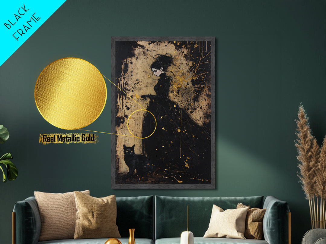 Gothic Witch Metallic Gold Art Metal Art Haunted Woman and Black Cat Framed in Natural Wood Spooky Halloween Wall Artwork