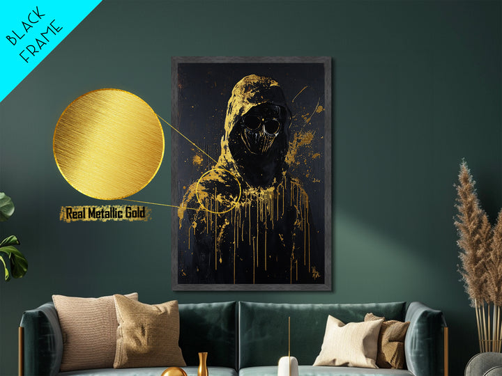 Dark Hooded Figure Metallic Gold Art Metal Art Gothic Creepy Halloween Painting in Real Wood Frame Haunted Spooky Season Decor