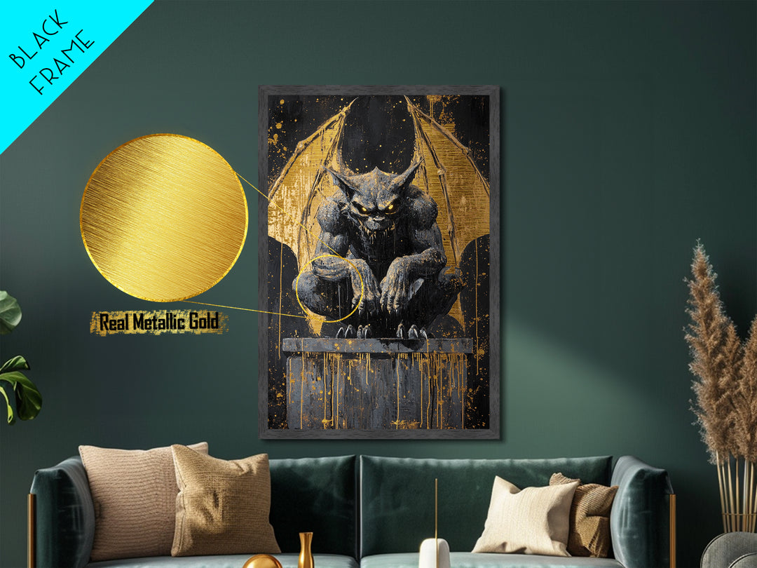 Gargoyle Metallic Gold Art Metal Art Gothic Demon Halloween Statue Painting Framed in Real Wood Spooky Haunted Wall Artwork