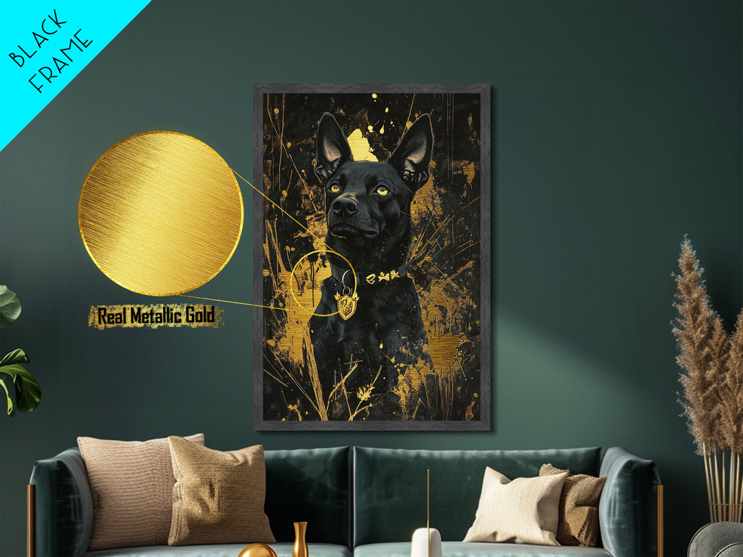 Halloween Black Dog Metallic Gold Art Metal Art | Spooky Pet Portrait Wall Decor Framed in Natural Wood Gothic Style