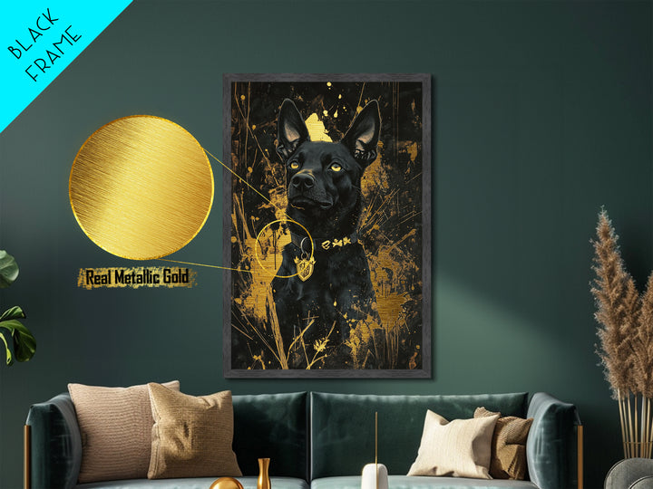 Halloween Black Dog Metallic Gold Art Metal Art | Spooky Pet Portrait Wall Decor Framed in Natural Wood Gothic Style