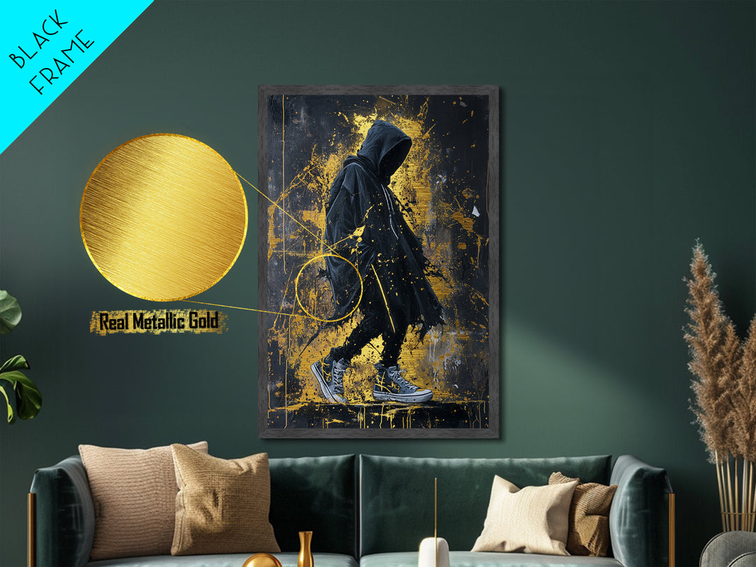 Creepy Hooded Figure Metallic Gold Art Metal Art | Spooky Season Wall Art Framed in Real Wood | Halloween Haunted Decor