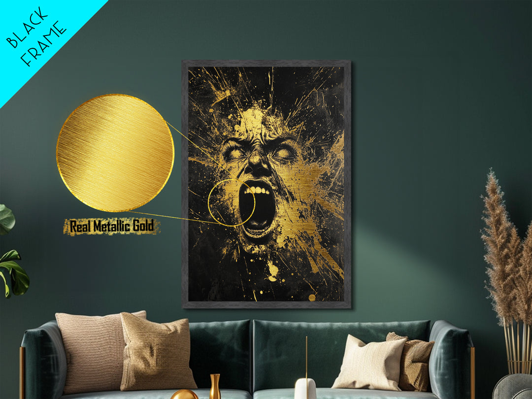 Horror Scream Face Metallic Gold Art Metal Art | Haunted Gothic Halloween Wall Art in Real Wood Frame | Spooky Home Accent