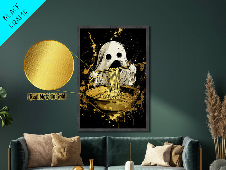 Ghost Ramen Metallic Gold Art Metal Art, Funny Spooky Halloween Wall Art, Noodle Lover Haunted Decor in Real Wood Frame