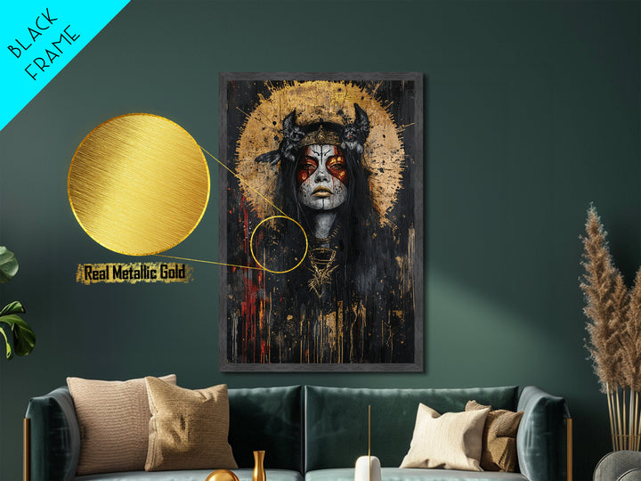 Witch Queen Portrait Metallic Gold Art Metal Art | Gothic Halloween Wall Decor with Natural Wood Frame | Spooky Witchy Design