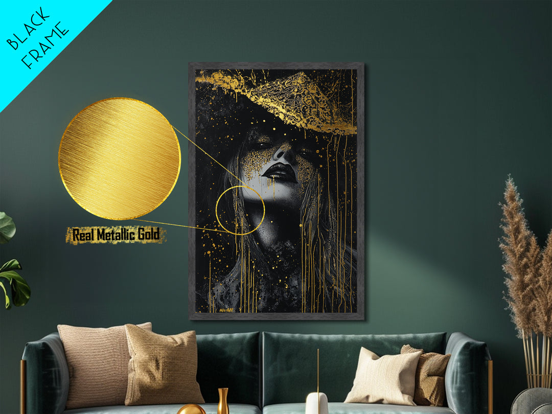 Witchy Woman Metallic Gold Art Metal Art | Spooky Halloween Wall Art with Real Wood Framing | Gothic Haunted Seasonal Decor