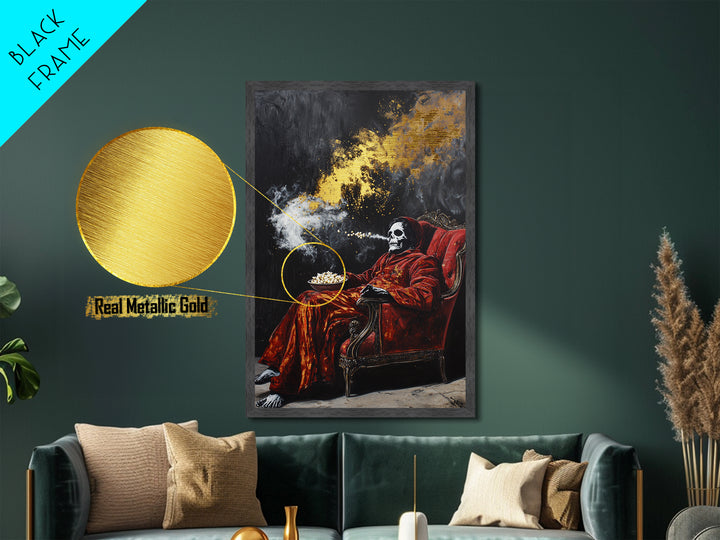 Skeleton in Red Chair Metallic Gold Art Metal Art | Creepy Halloween Wall Art Framed in Natural Wood | Spooky Horror Decor