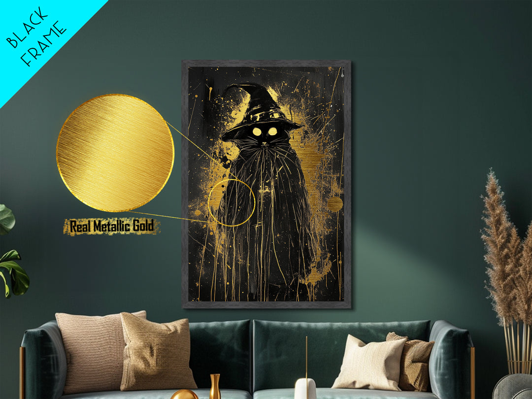 Black Cat Witch Metallic Gold Art Metal Art | Spooky Halloween Wall Decor in Real Wood Frame | Gothic Witchy Haunted Accent