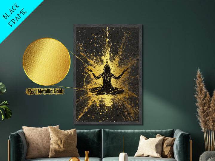 Meditating Spirit Metallic Gold Art Metal Art | Spooky Halloween Wall Decor Framed in Natural Wood | Haunted Gothic Accent