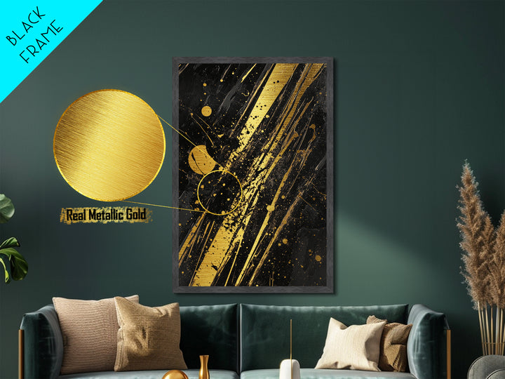 Witchy Abstract Splatter Metallic Gold Art on Black, Gothic Spooky Season Metal Art with Real Wood Frame for Halloween Decor