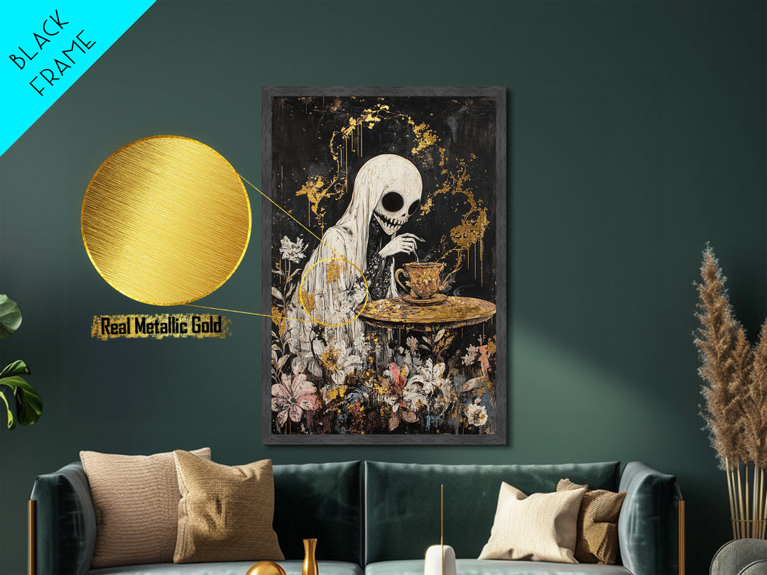 Creepy Skeleton Tea Party Metallic Gold Art, Haunted Horror Metal Art in a Real Wood Frame, Gothic Halloween Wall Hanging