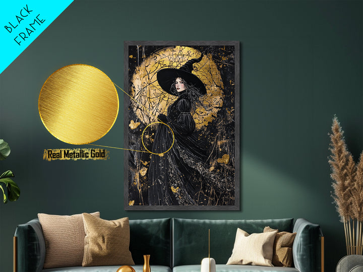 Occult Witch Portrait Metallic Gold Art with Spells, Gothic Sorcery Metal Art Framed in Natural Wood, Spooky Halloween Decor