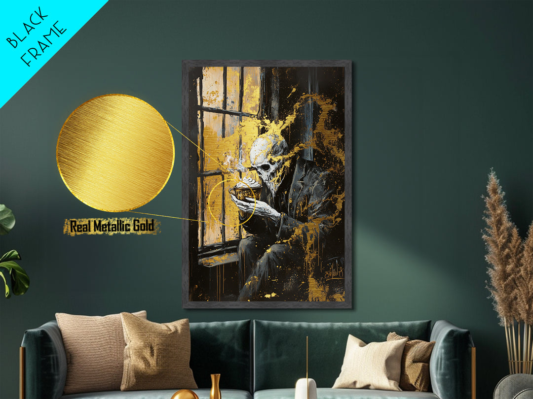 Haunted Skeleton by the Window Metallic Gold Art, Creepy Gothic Metal Art with Steam Cup Framed in Real Wood for Halloween